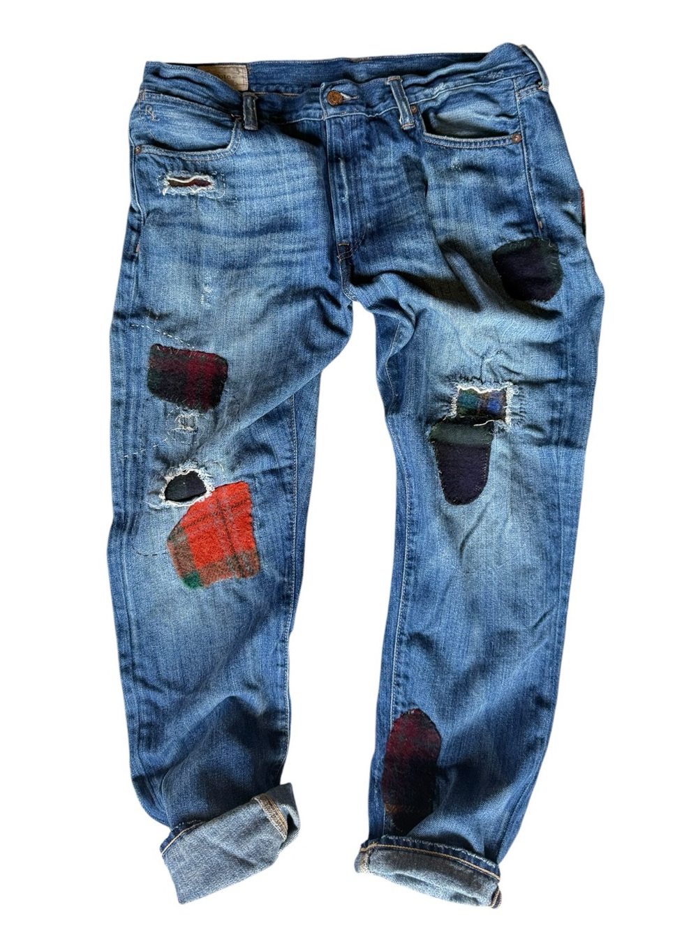 • RALPH LAUREN • Patchwork distressed relaxed boyfriend denim jeans 36